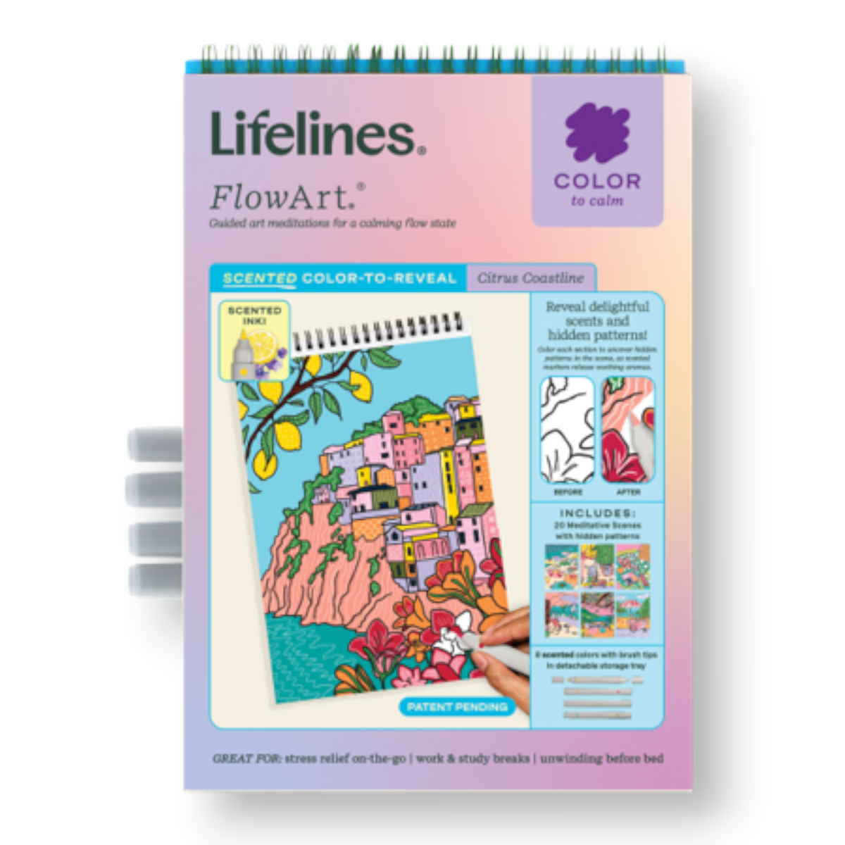 Mellow Monkey Citrus Coastline FlowArt color-to-reveal meditative coloring kit with 20 scenes and 8 scented markers.