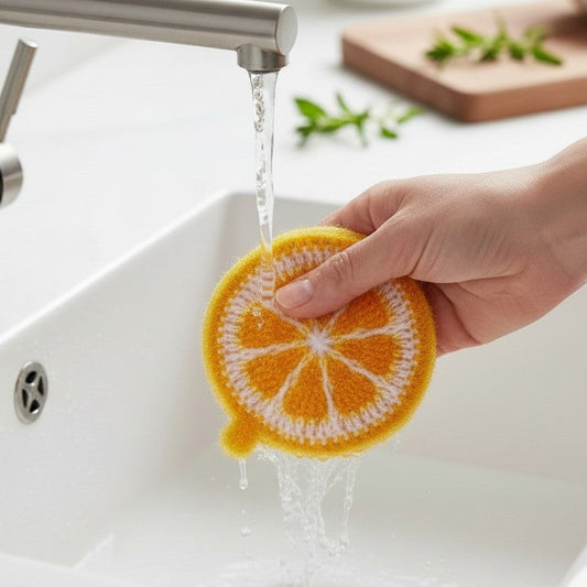 Mellow Monkey citrus slice shaped dish scrubber being rinsed under a kitchen faucet