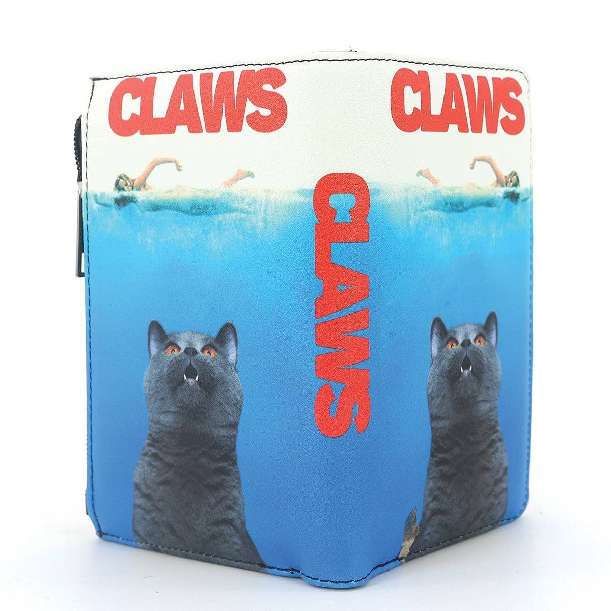 Mellow Monkey Claws parody bifold wallet featuring a cat graphic in blue ocean water, made of durable vinyl.