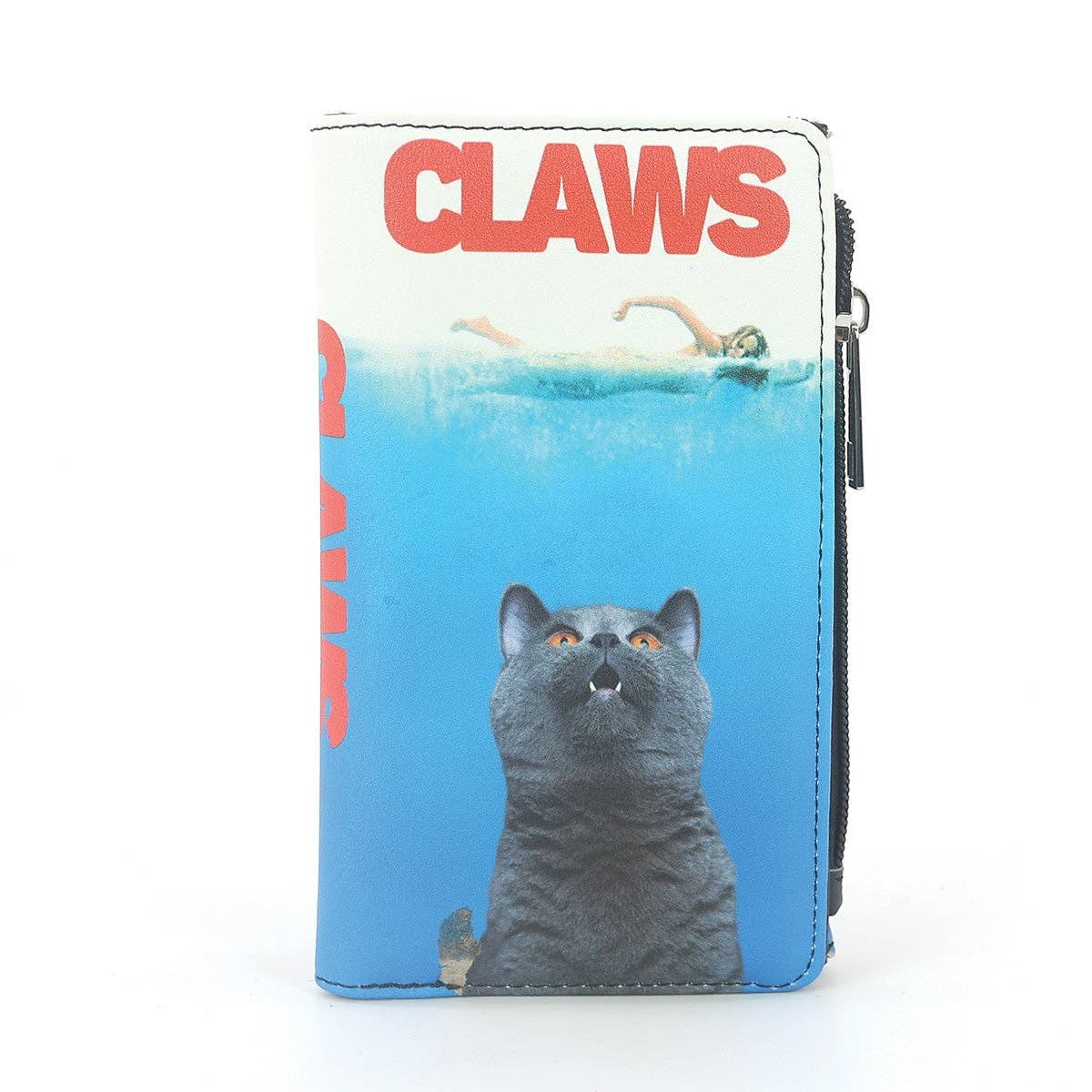 Mellow Monkey Claws parody bifold wallet featuring a blue ocean graphic with a cat and swimmer in vinyl material.