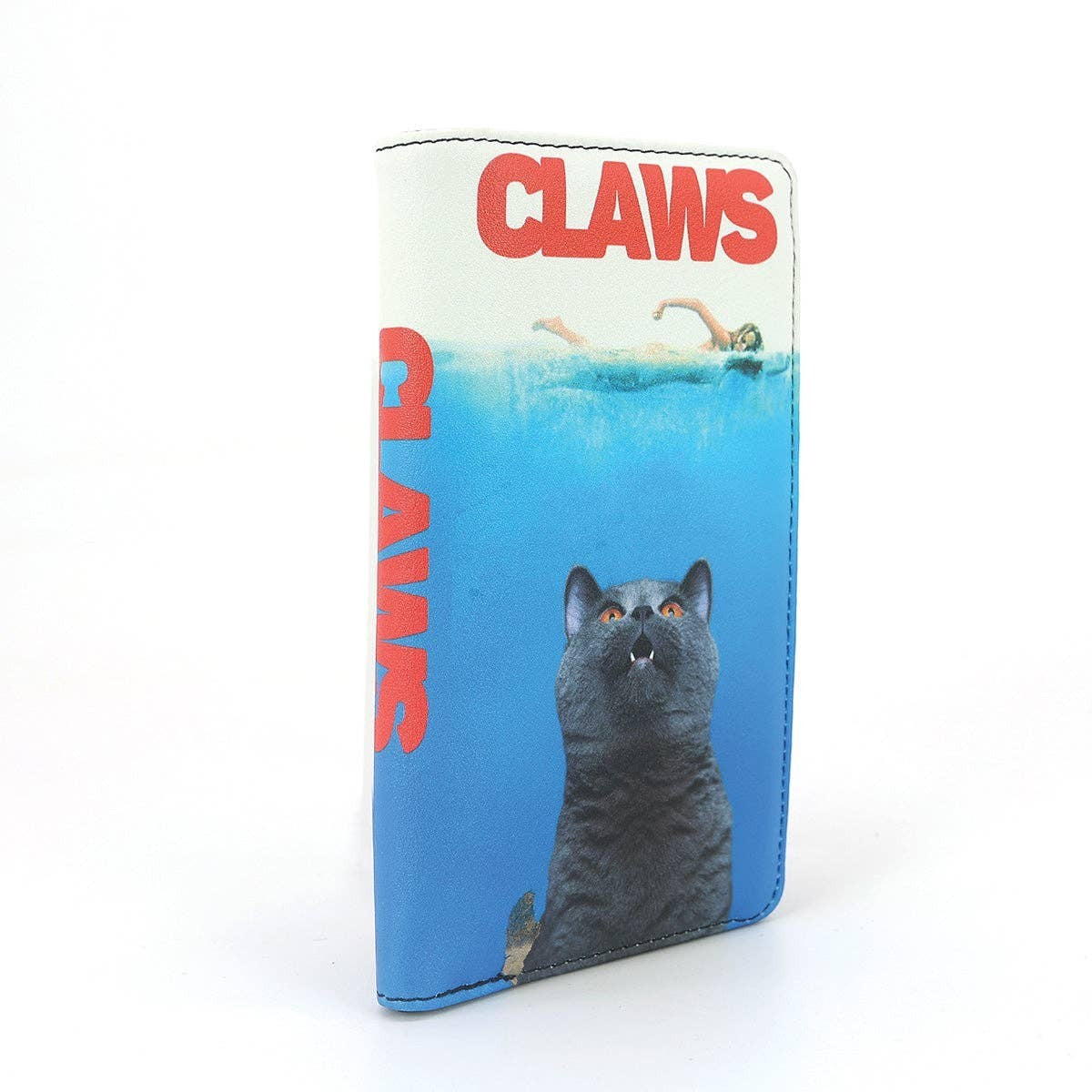 Mellow Monkey Claws parody bifold wallet featuring a humorous cat graphic inspired by classic shark movie posters.