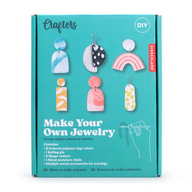 Mellow Monkey DIY clay jewelry kit box featuring colorful polymer clay earring and necklace designs