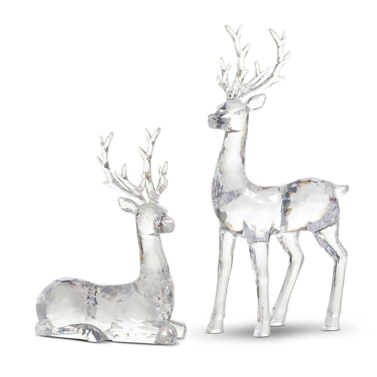 Mellow Monkey clear sculpted acrylic deer figurines in standing and sitting poses for holiday home decor