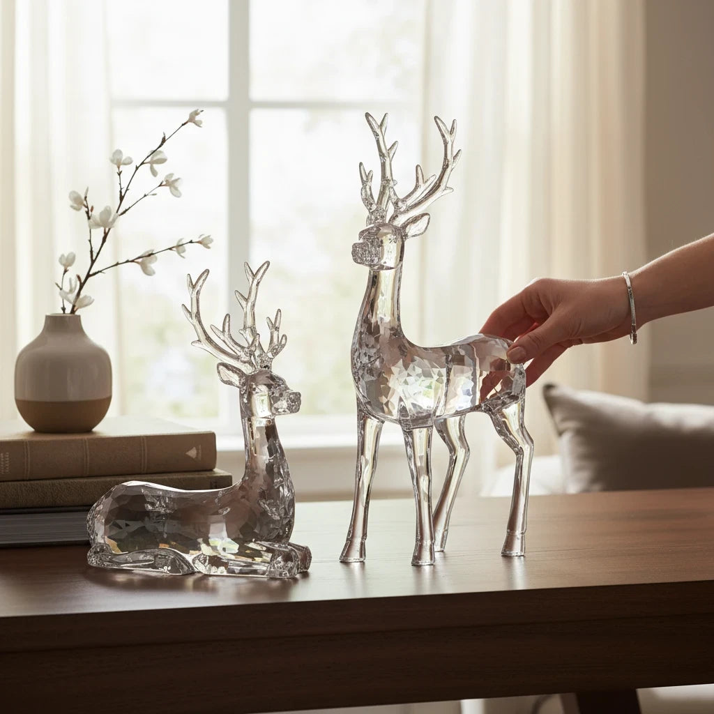 Mellow Monkey clear sculpted acrylic deer figurines in standing and sitting poses on a wooden table