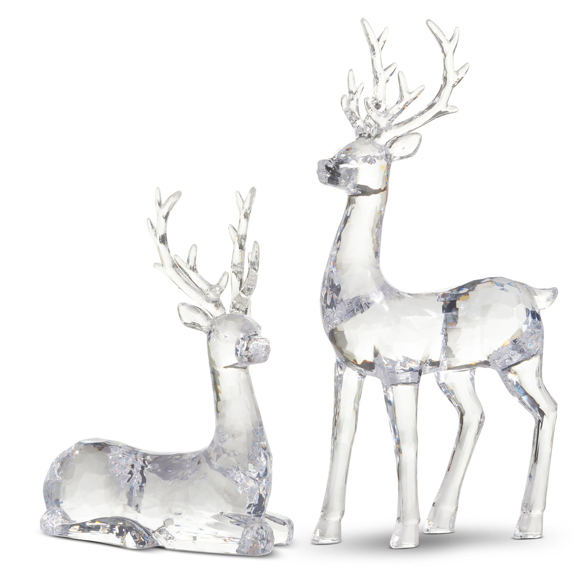 Mellow Monkey clear sculpted acrylic deer figurines in standing and sitting poses for elegant holiday home decor.