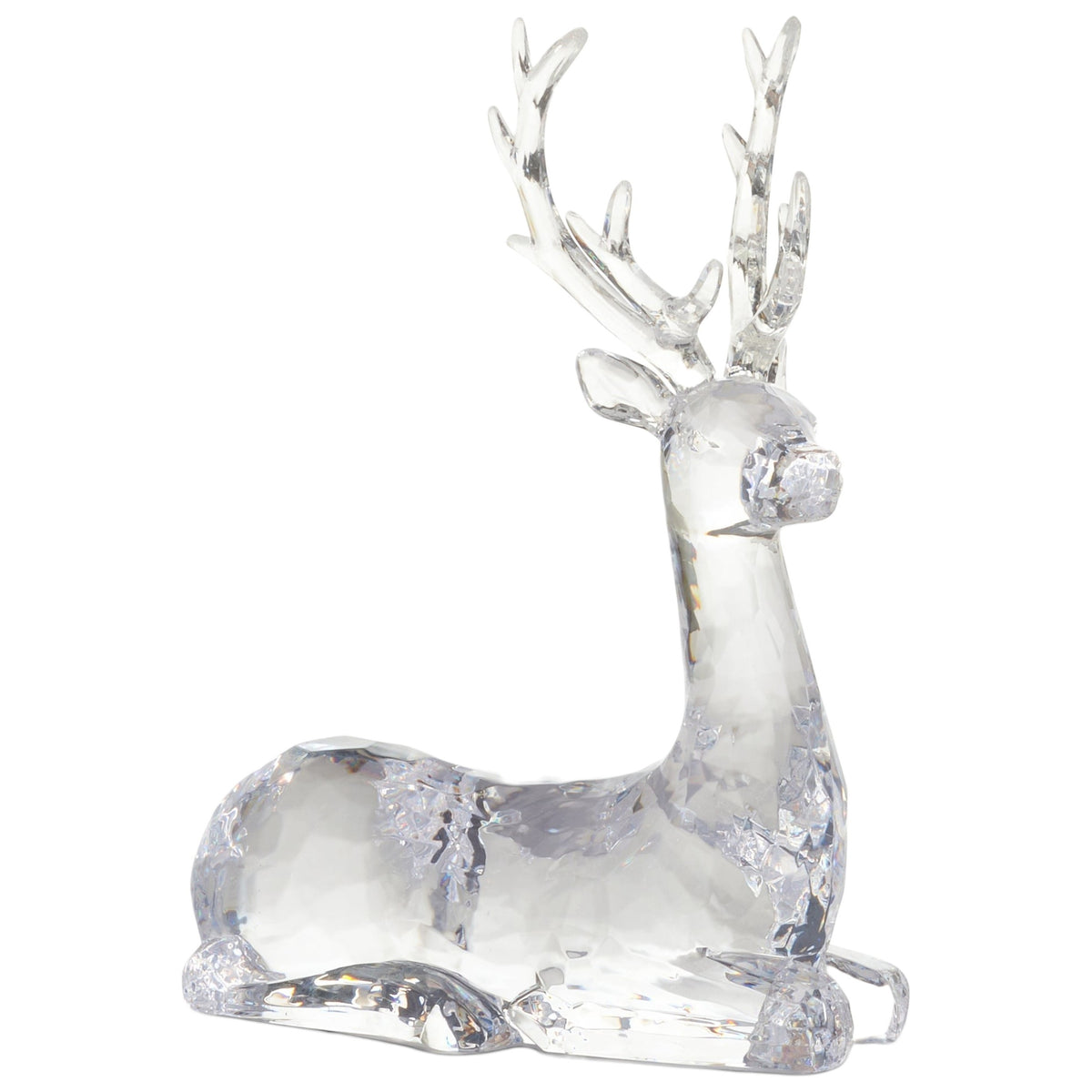 Mellow Monkey clear sculpted acrylic sitting deer figurine with a faceted crystal-like design for holiday decor.