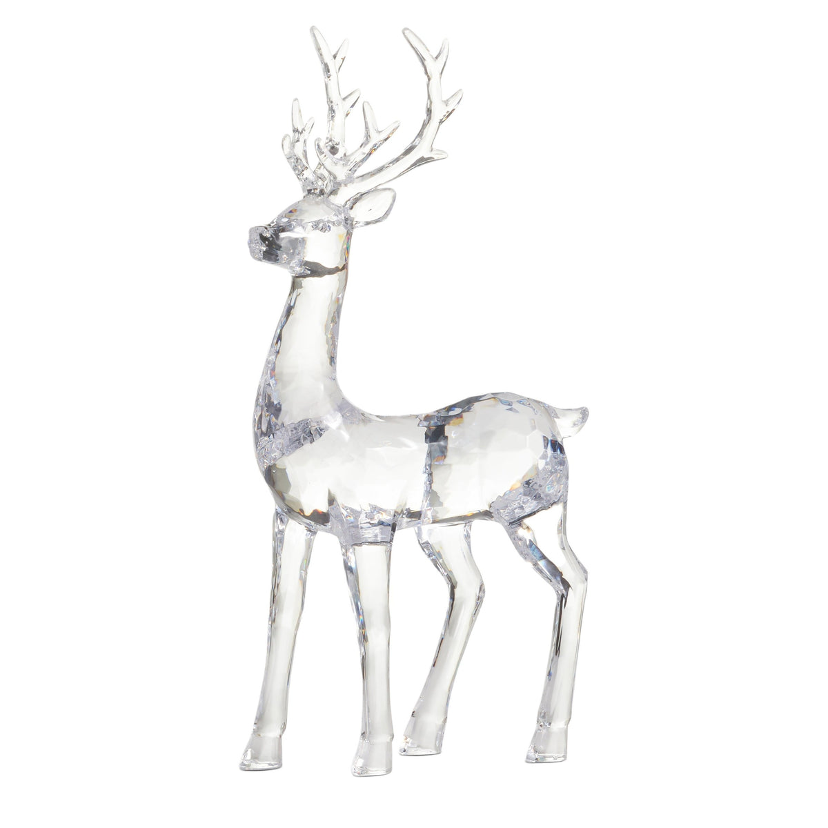 Mellow Monkey clear sculpted acrylic standing deer figurine with a faceted crystal-like design for holiday decor.
