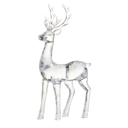 Mellow Monkey clear sculpted acrylic standing deer figurine with a faceted crystal-like design for holiday decor.