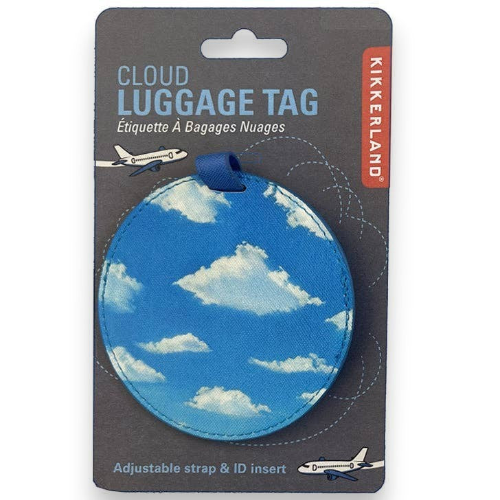 Mellow Monkey round blue cloud-patterned PU luggage tag with adjustable strap on display card