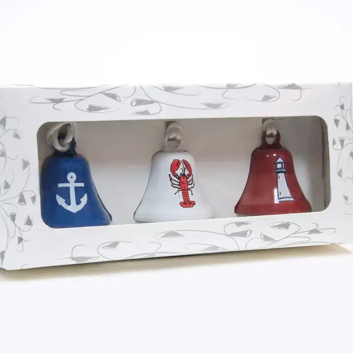 Mellow Monkey 3-pack of steel coastal holiday bells featuring anchor, lobster, and lighthouse designs in a gift box.