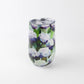 Mellow Monkey 16oz stainless steel wine tumbler with a blue and white coastal hydrangea floral print and sliding lid.