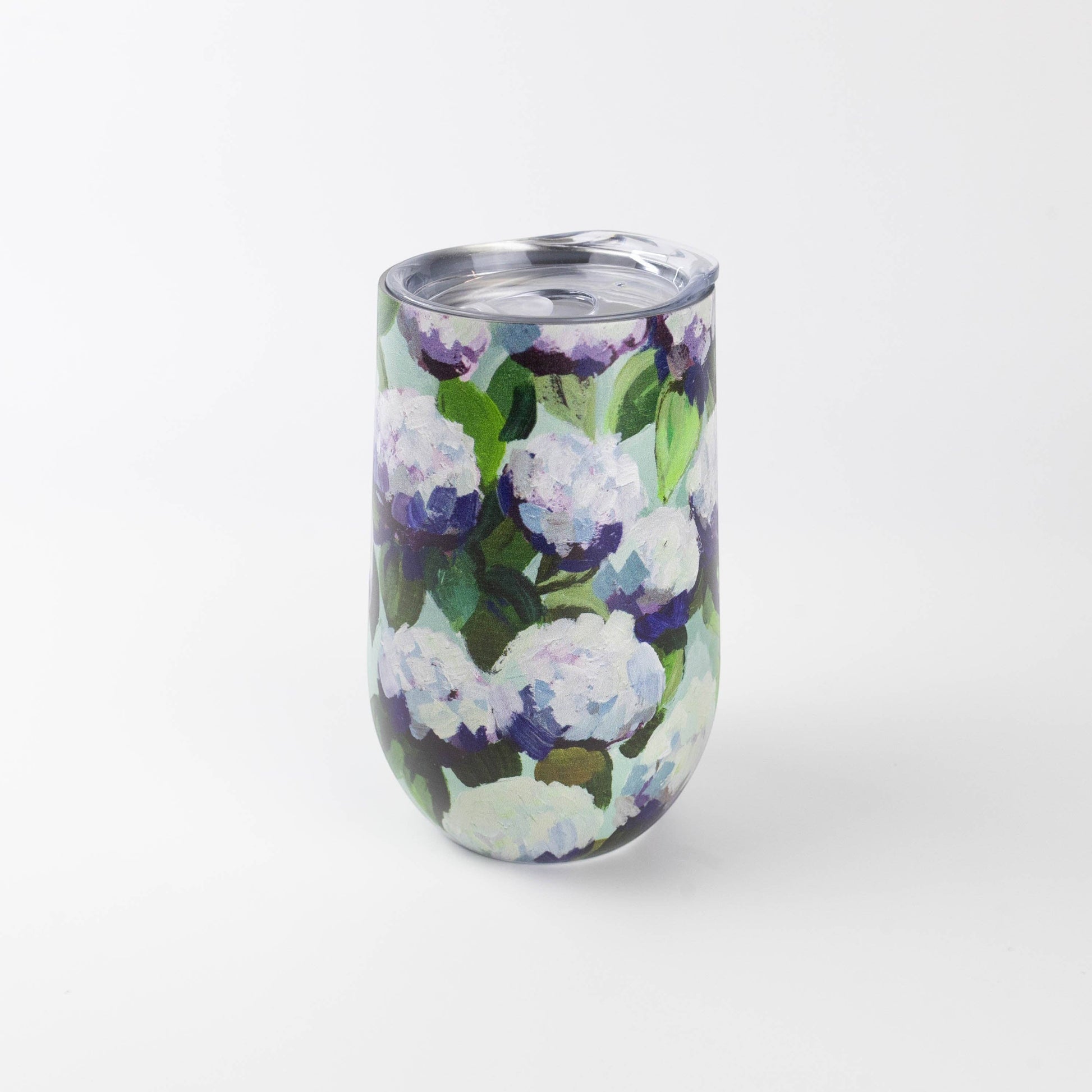 Mellow Monkey 16oz stainless steel wine tumbler with a blue and white coastal hydrangea floral print and sliding lid.