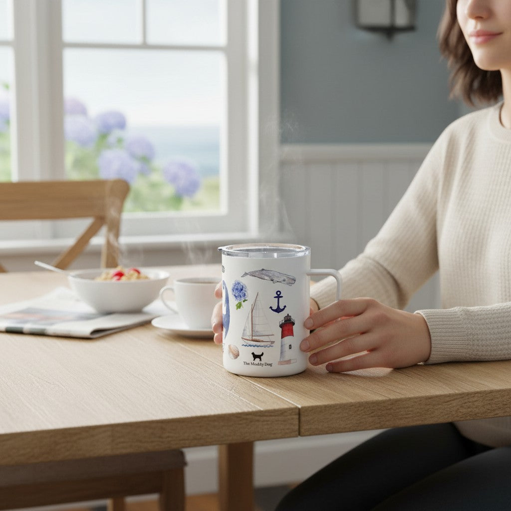 Mellow Monkey 12oz stainless steel insulated mug with coastal Cape Cod illustrations held by a woman at a table.