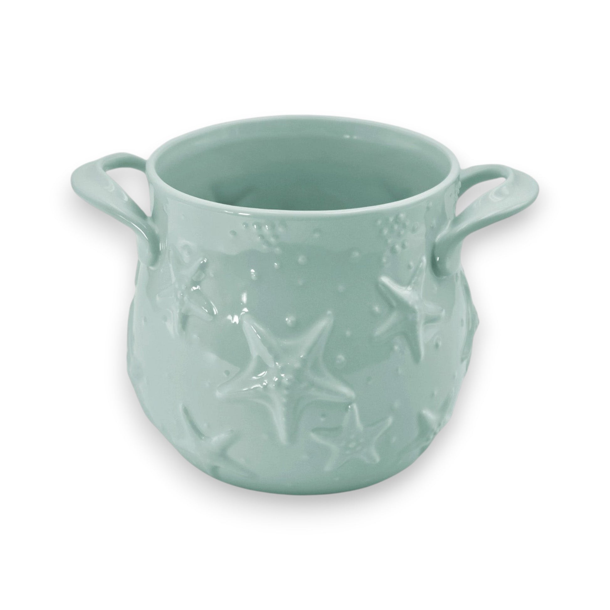 Mellow Monkey Temp-tations coastal mint stoneware utensil crock with embossed starfish and side handles