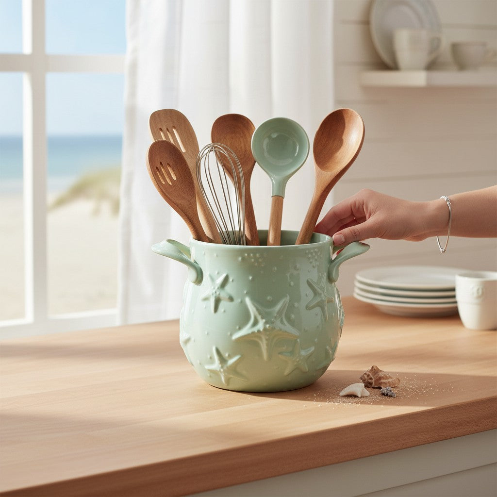 Mellow Monkey coastal mint stoneware utensil crock with starfish relief detail holding wooden kitchen tools
