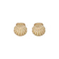 Mellow Monkey coastal earring trio featuring gold starfish, blue enamel shells, and white pearl stud accents.