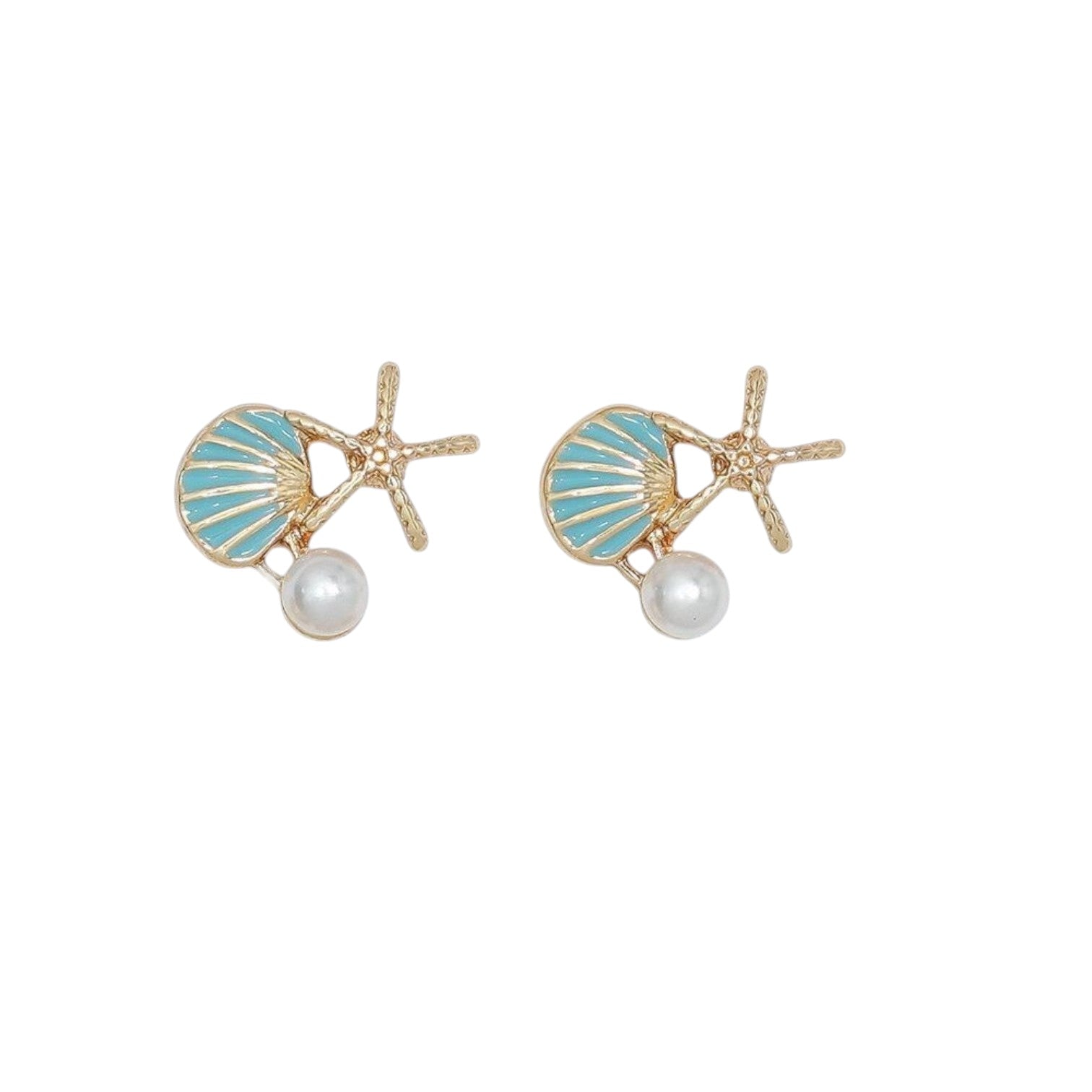 Mellow Monkey coastal earring trio featuring gold starfish, blue enamel shells, and white pearl studs.