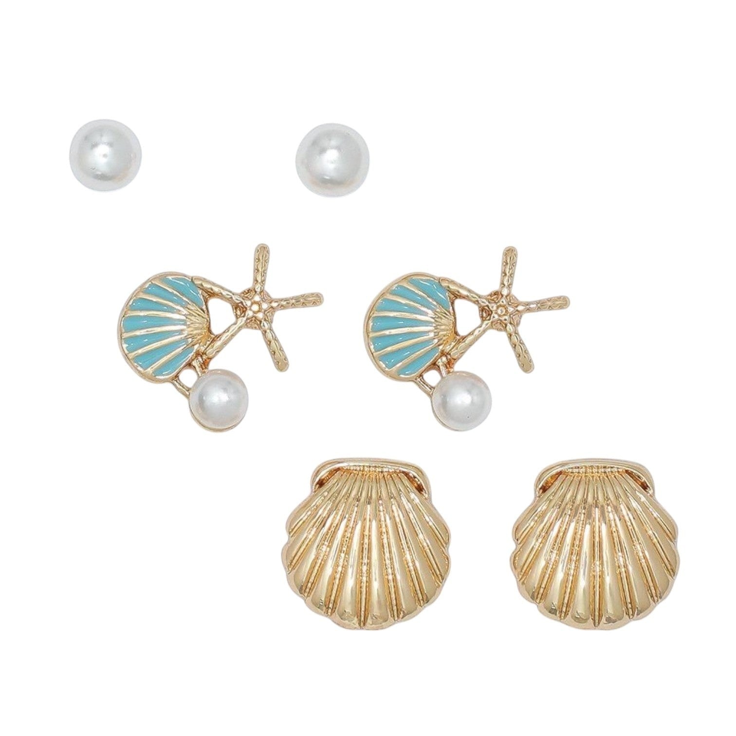 Mellow Monkey coastal earring trio featuring gold starfish, blue enamel shells, and white pearl studs.