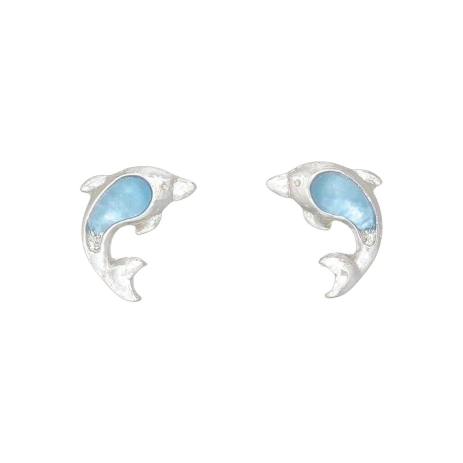 Mellow Monkey silver stud earring set featuring seashell, dolphin, and blue wave designs for a coastal beach style.