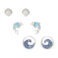 Mellow Monkey silver stud earrings set featuring seashell, dolphin, and blue wave designs for a coastal beach look.