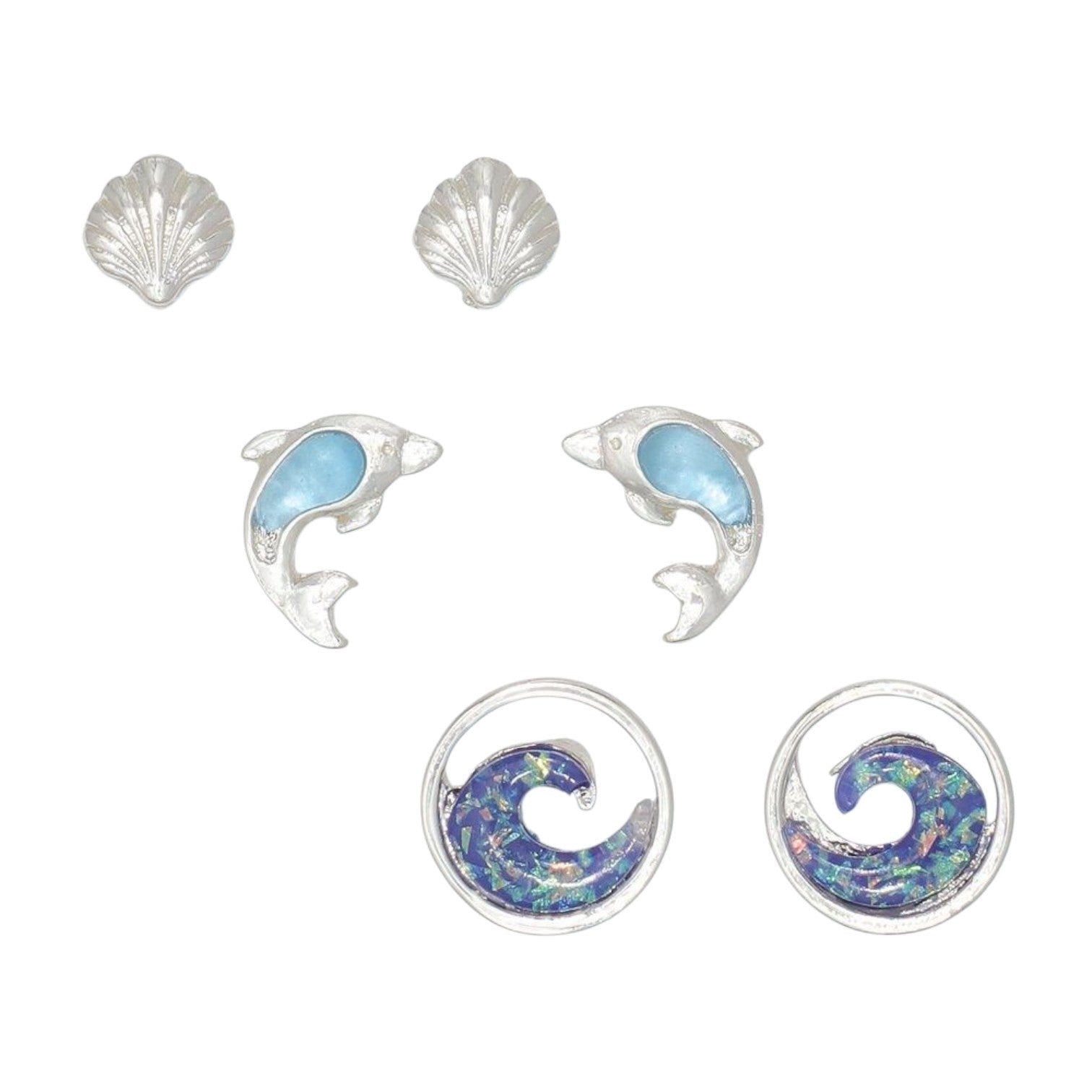 Mellow Monkey silver stud earrings set featuring seashell, dolphin, and blue wave designs for a coastal beach look.