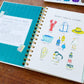 Mellow Monkey Coastin’ watercolor workbook showing supplies and paintings of lobster, tote, straw hat, blueberry pint, buoys, seagull, oyster, puffin, and lighthouse.