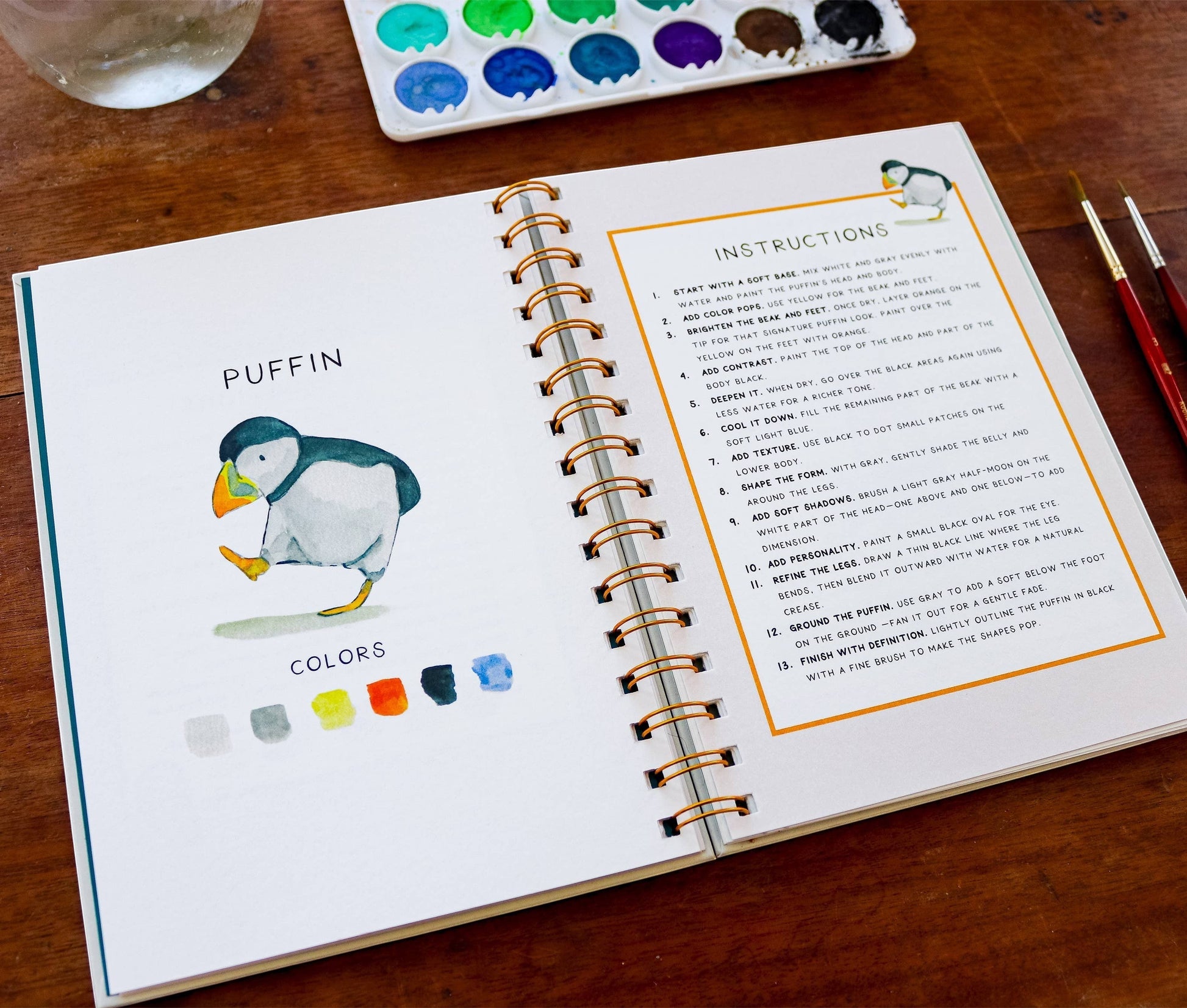Mellow Monkey Coastin’ watercolor workbook with puffin illustration and painting instructions. Includes color swatches.