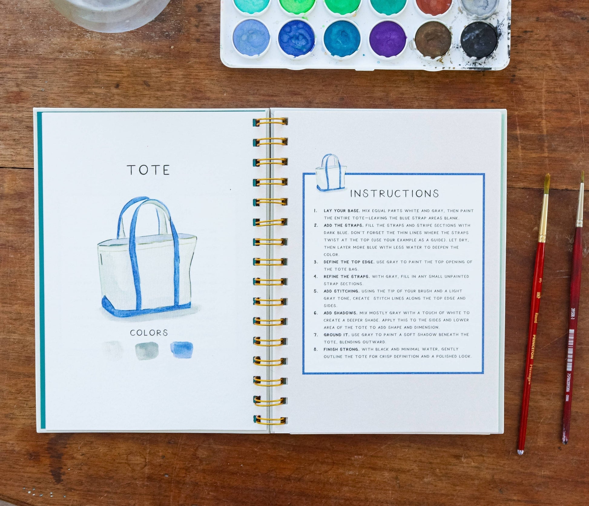 Mellow Monkey Coastin’ watercolor workbook with instructions for painting a tote bag. Includes color swatches.