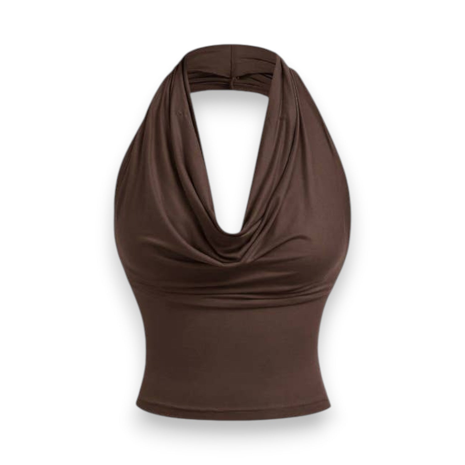 Mellow Monkey coffee brown halter neck tank top with a draped cowl neckline in soft stretch fabric.