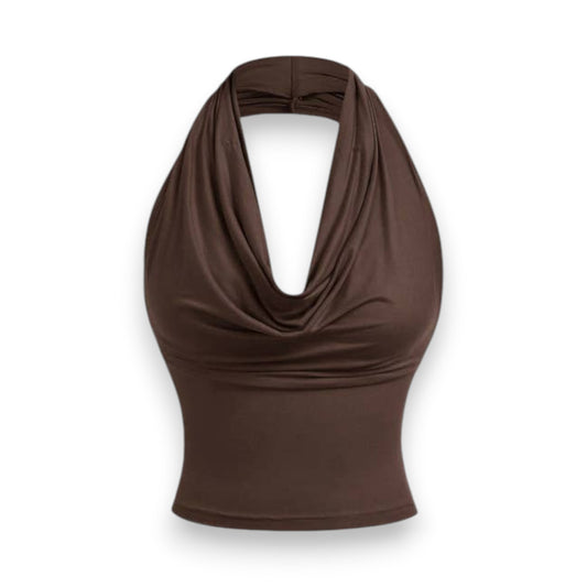 Mellow Monkey coffee brown halter neck tank top with a draped cowl neckline in soft stretch fabric.