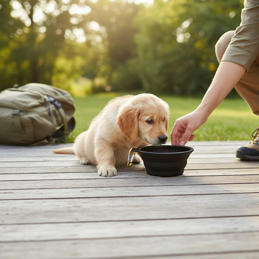 Mellow Monkey black collapsible silicone pet bowl with carabiner, shown with a golden retriever puppy drinking.