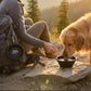 Mellow Monkey Bone Appetit black collapsible silicone pet bowl with carabiner on backpack, dog drinking water.