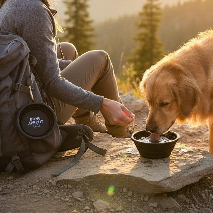 Mellow Monkey Bone Appetit black collapsible silicone pet bowl with carabiner on backpack, dog drinking water.