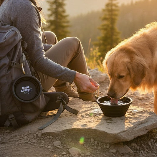 Mellow Monkey Bone Appetit black collapsible silicone pet bowl with carabiner on backpack, dog drinking water.