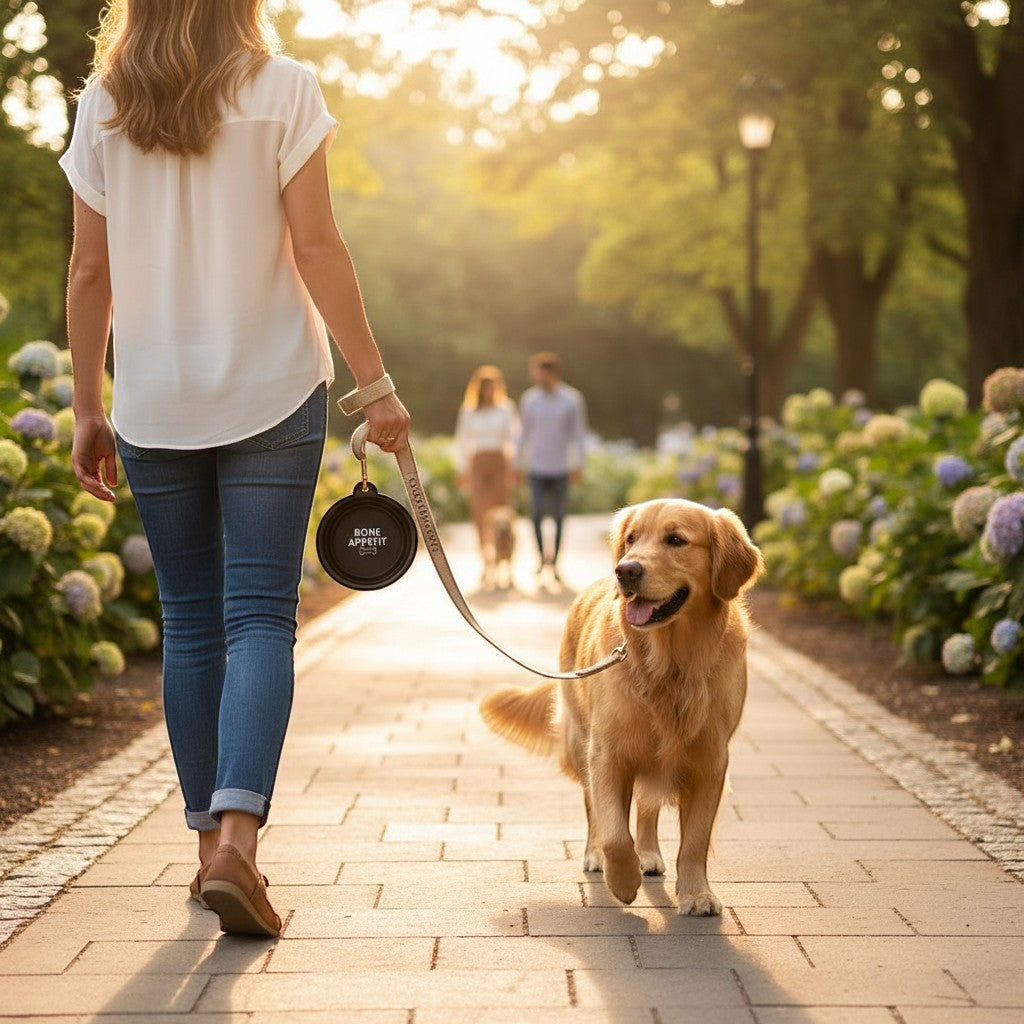 Mellow Monkey Bone Appetit collapsible black silicone pet bowl with carabiner on leash, held by woman walking dog