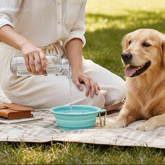 Mellow Monkey light blue collapsible silicone pet bowl with carabiner, perfect for travel.