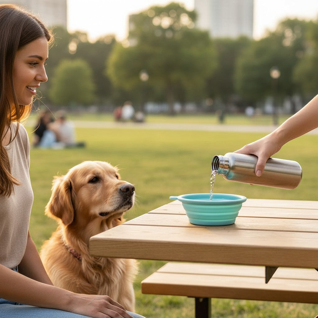 Mellow Monkey teal collapsible silicone pet bowl being filled with water by a stainless steel bottle, with a golden retriever dog looking on.