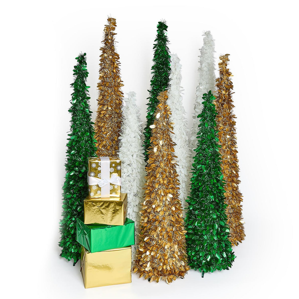 Mellow Monkey collapsible tinsel Christmas trees in gold, green, and white with stacked festive gift boxes