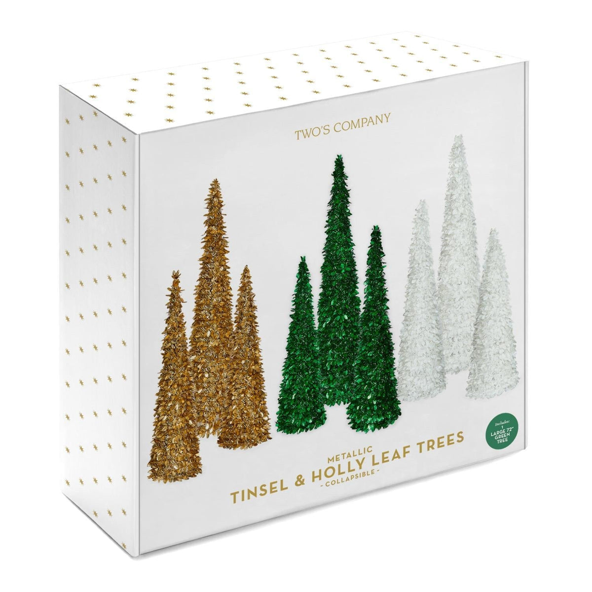 Mellow Monkey Tinsel and Holly collapsible metallic Christmas trees in gold, green, and white inside a gift box.
