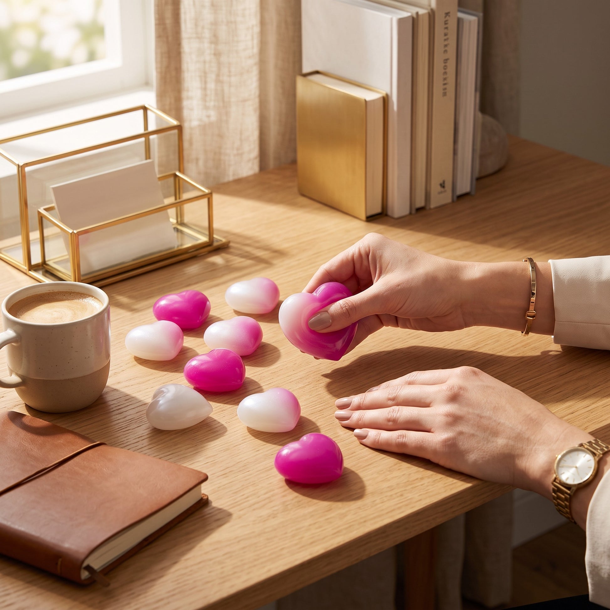 Mellow Monkey mini color-changing heart squishies on a wooden desk, held by a hand for sensory fidgeting.