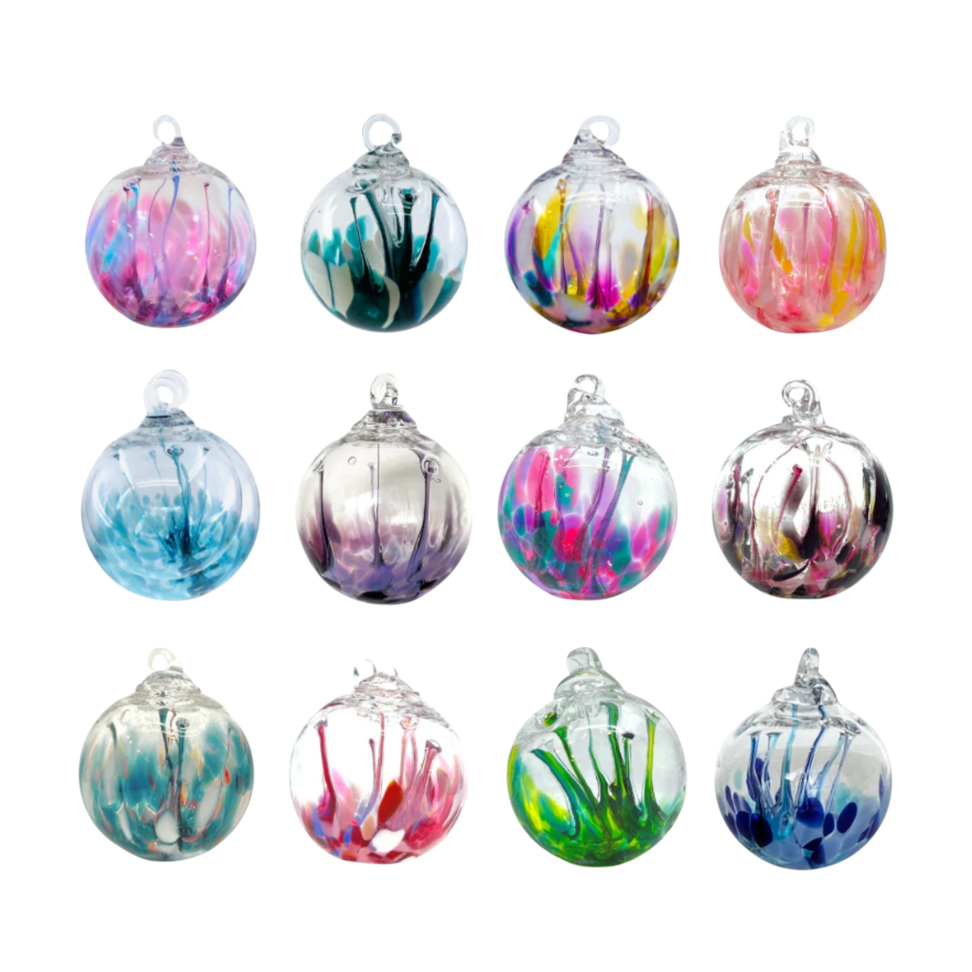 Mellow Monkey 4-inch glass wish ball ornaments in assorted vibrant colors, hanging suncatcher style for windows.