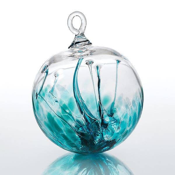 Mellow Monkey 4-inch colorful glass wish ball suncatcher ornament with teal and clear swirling patterns