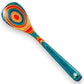 Mellow Monkey Montego Bay colorful wooden cooking spoon, 12.5-in, made of layered birch with teal, blue, yellow, red, and orange concentric rings.