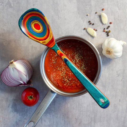 Mellow Monkey Baltique colorful wooden cooking spoon with teal handle, 12.5 inches, perfect for sauces and soups.