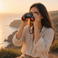 Mellow Monkey 30x60 compact folding binoculars held by a woman overlooking a coastal cliff at sunset.