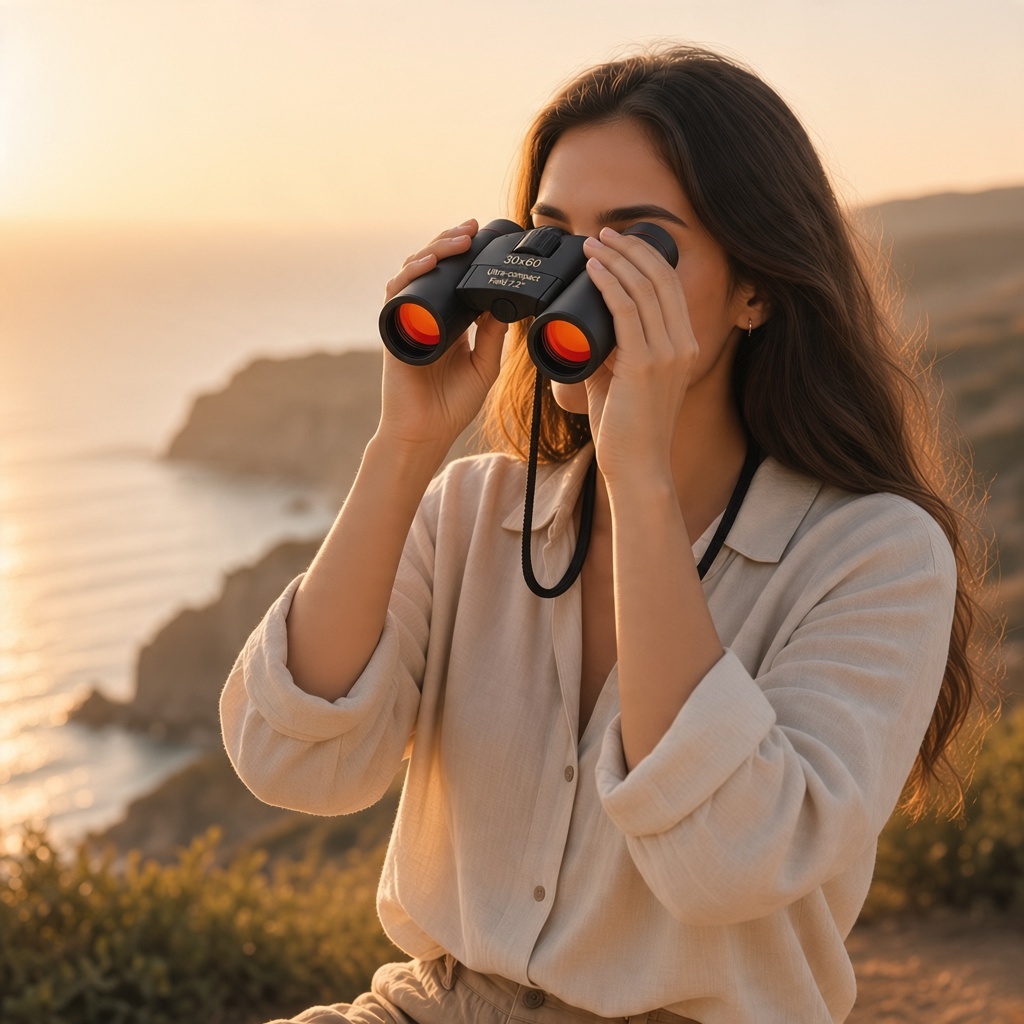 Mellow Monkey 30x60 compact folding binoculars held by a woman overlooking a coastal cliff at sunset.