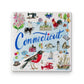 Mellow Monkey ceramic Connecticut state coaster featuring colorful hand-drawn illustrations of local icons.