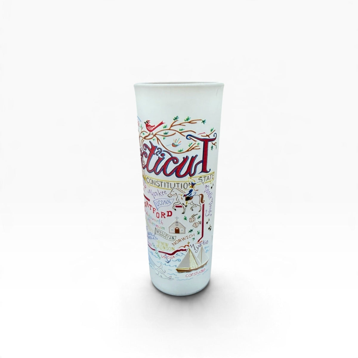 Mellow Monkey Catstudio Connecticut 2-oz frosted glass shot glass featuring colorful state map illustrations.