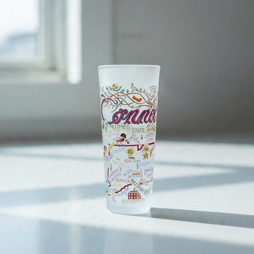 Mellow Monkey Catstudio Connecticut 2-oz frosted glass shot glass with colorful state-themed illustrations