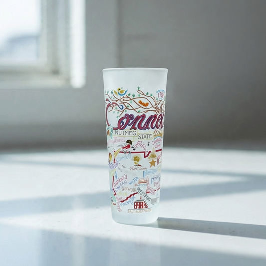 Mellow Monkey Catstudio Connecticut 2-oz frosted glass shot glass with colorful state-themed illustrations